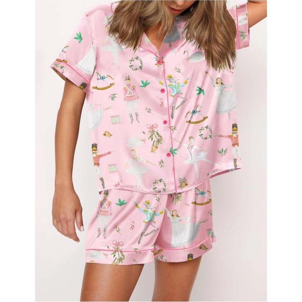 Sheshow Pajama Set Womens Large Pink Satin Short Sleeve Shorts Ballet Nutcracker